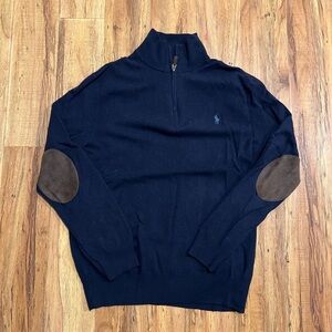 Polo Ralph Lauren Dark Blue Zip-Up Wool Sweater with Brown Elbow Patches